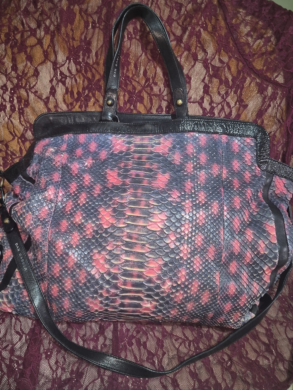 Leather-Trim Red  & Black Snake-Print Tote Bag